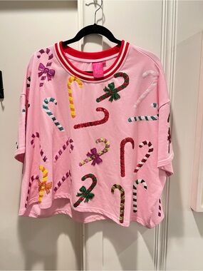Queen of Sparkles Pink Short Sleeve Sweatshirt with Red Trim Sequin Candy Cane